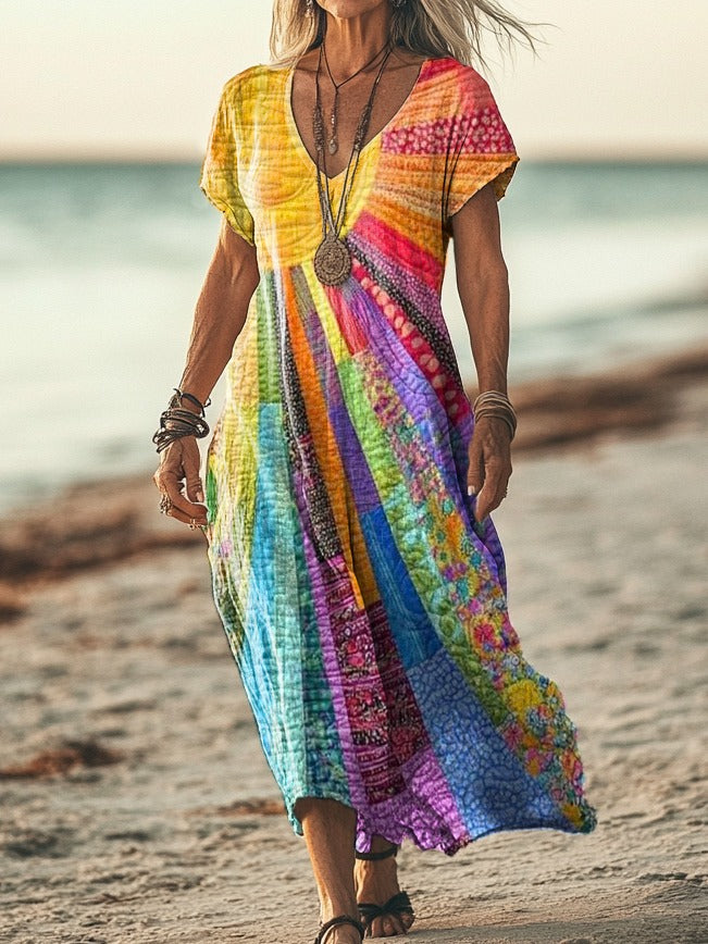 Birgitte | Boho chic maxikjole med solstrålemønster