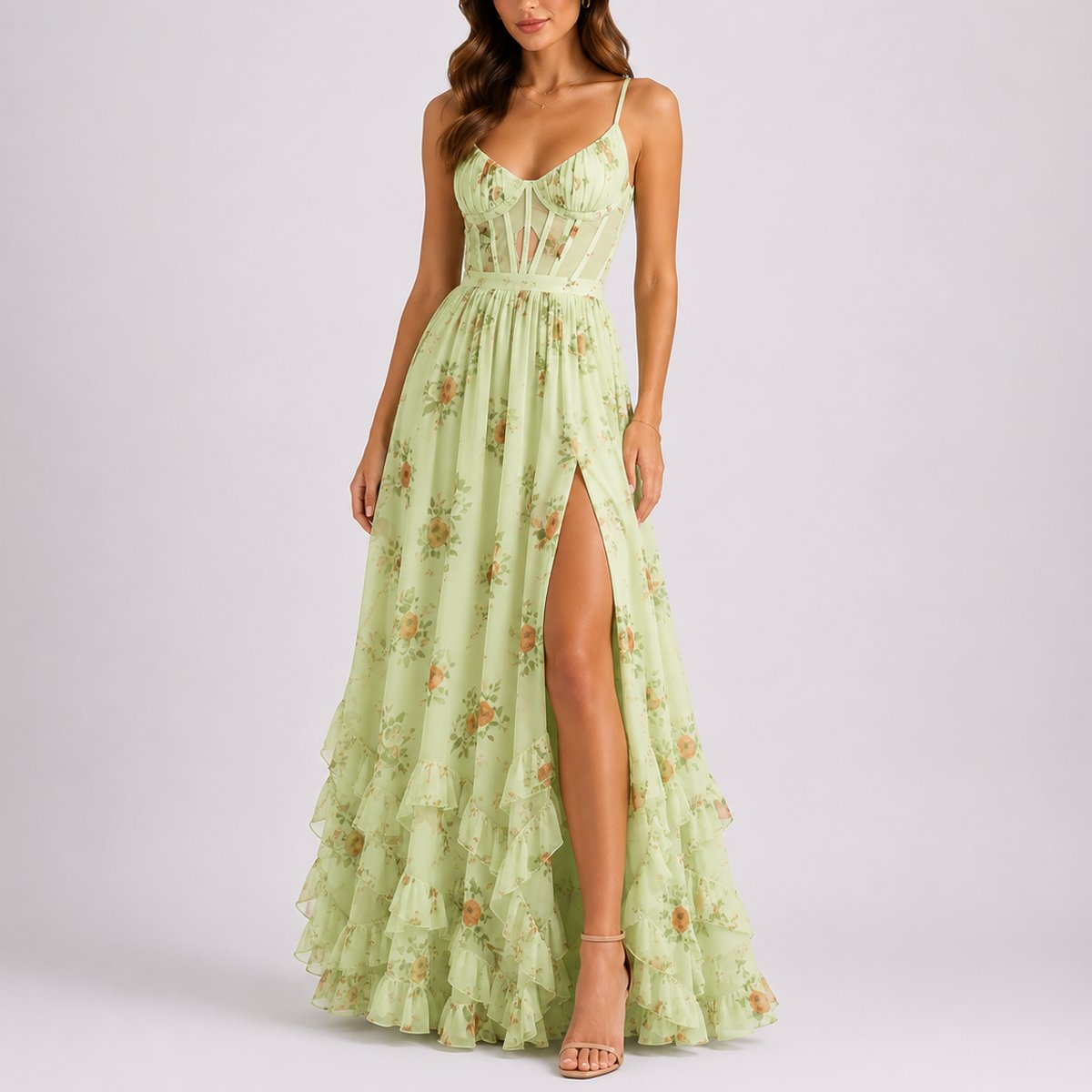 Victoria | Damen-Maxikleid mit Blumenprint und Korsettpassform