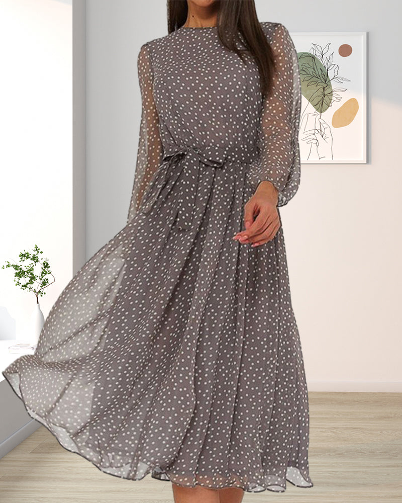Elin | Dame elegant prikket A line kjole med lange ærmer