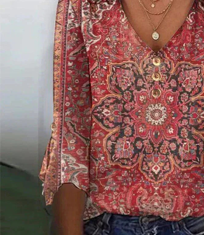 Andrea | Dame boho bluse med print og V-hals samt løs pasform