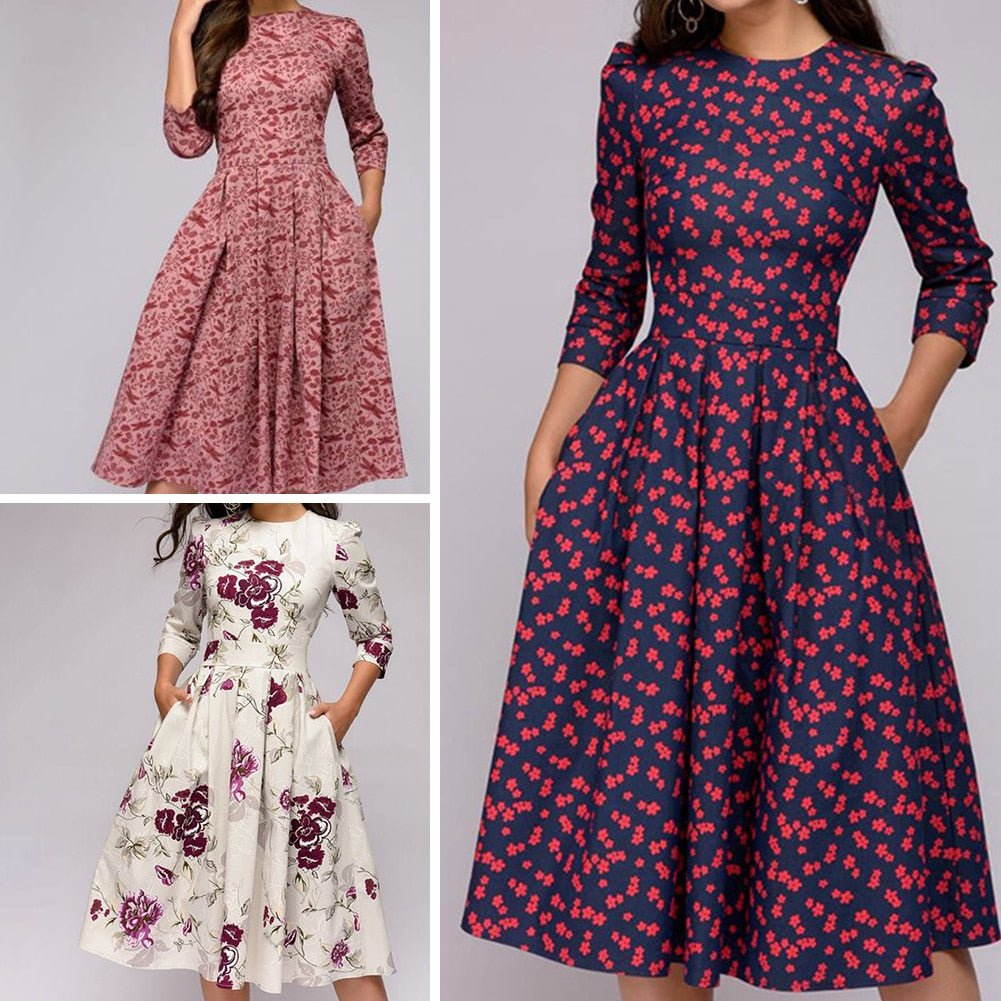 Alberte | Retro elegant midikjole med blomsterprint og lange ærmer