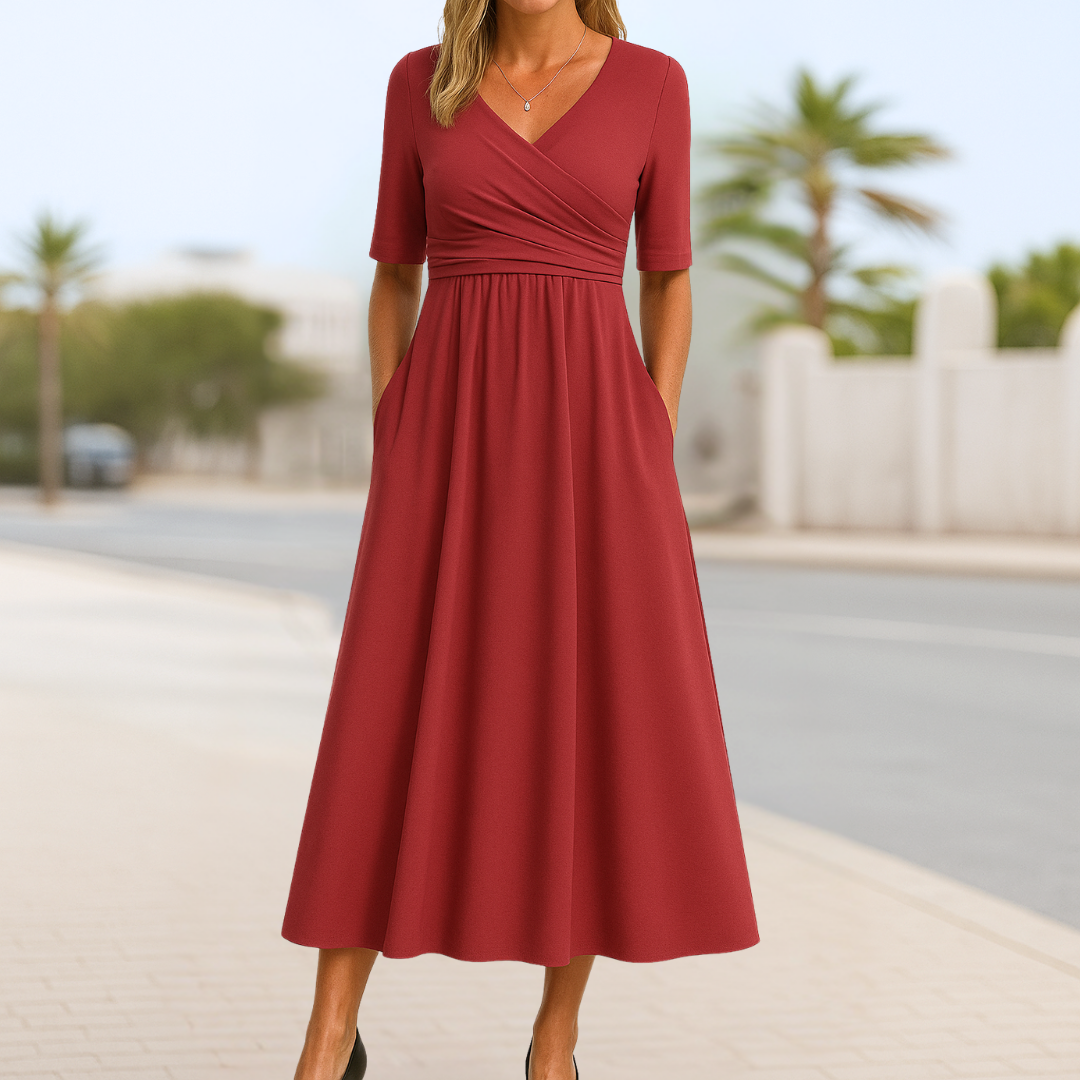 Agnes | Dame elegant slå om midikjole og sommerdesign