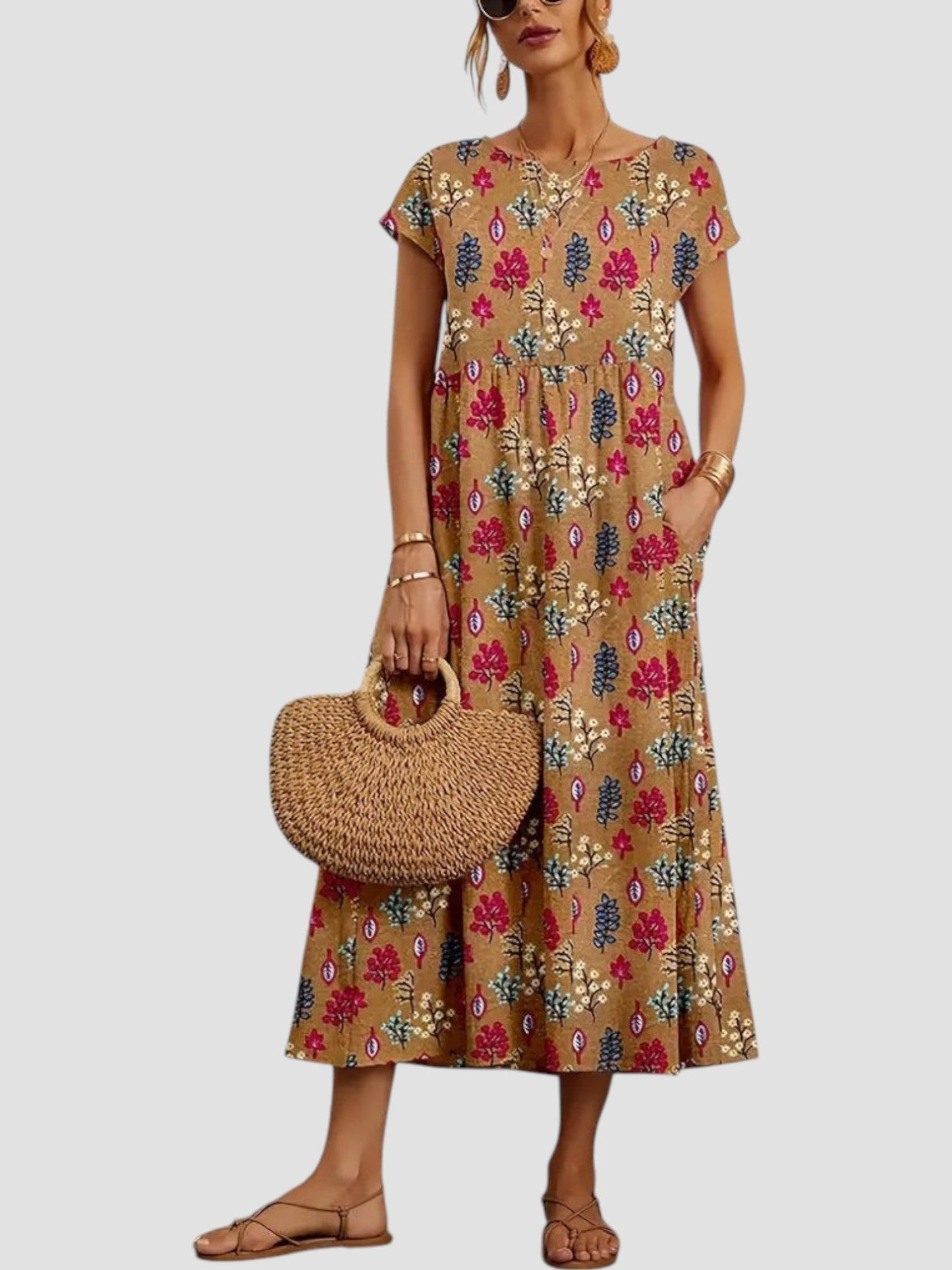 Alma | Dame printet midikjole med lommer og sommerdesign