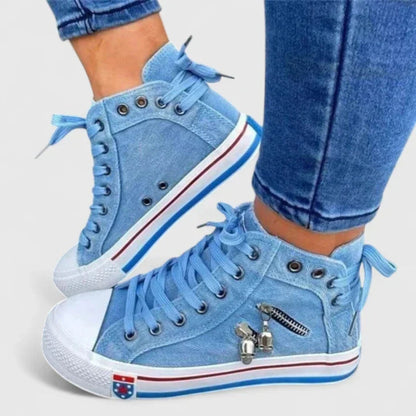 Rikke | Dame høje sneakers med denim og lynlås