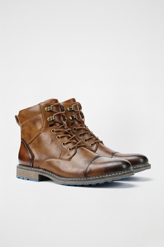 Læderankelstøvler med snørebånd og lynlås i siden | Dalton – Brun