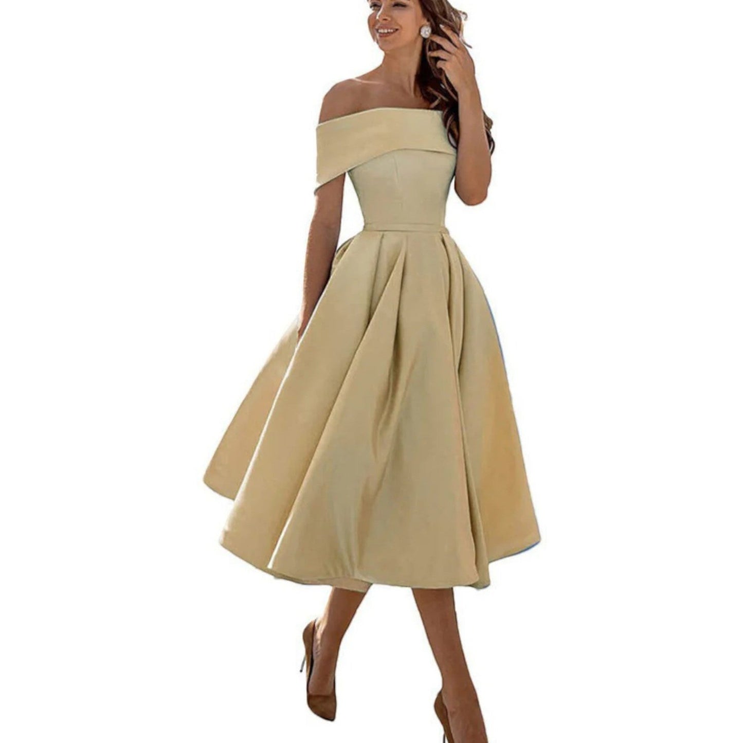 Dorthe | Dame cocktail midikjole med off shoulder og taljeret