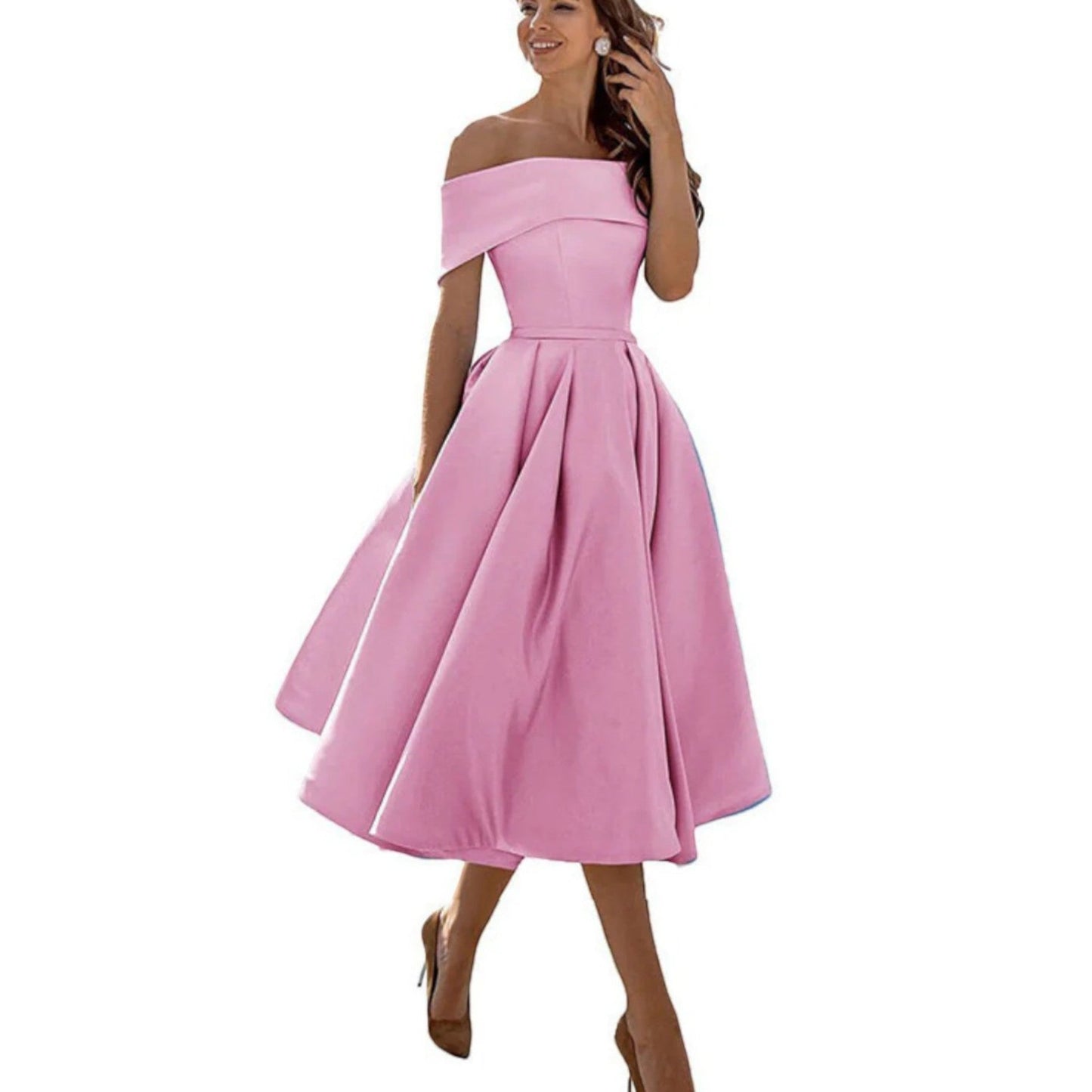 Dorthe | Dame cocktail midikjole med off shoulder og taljeret
