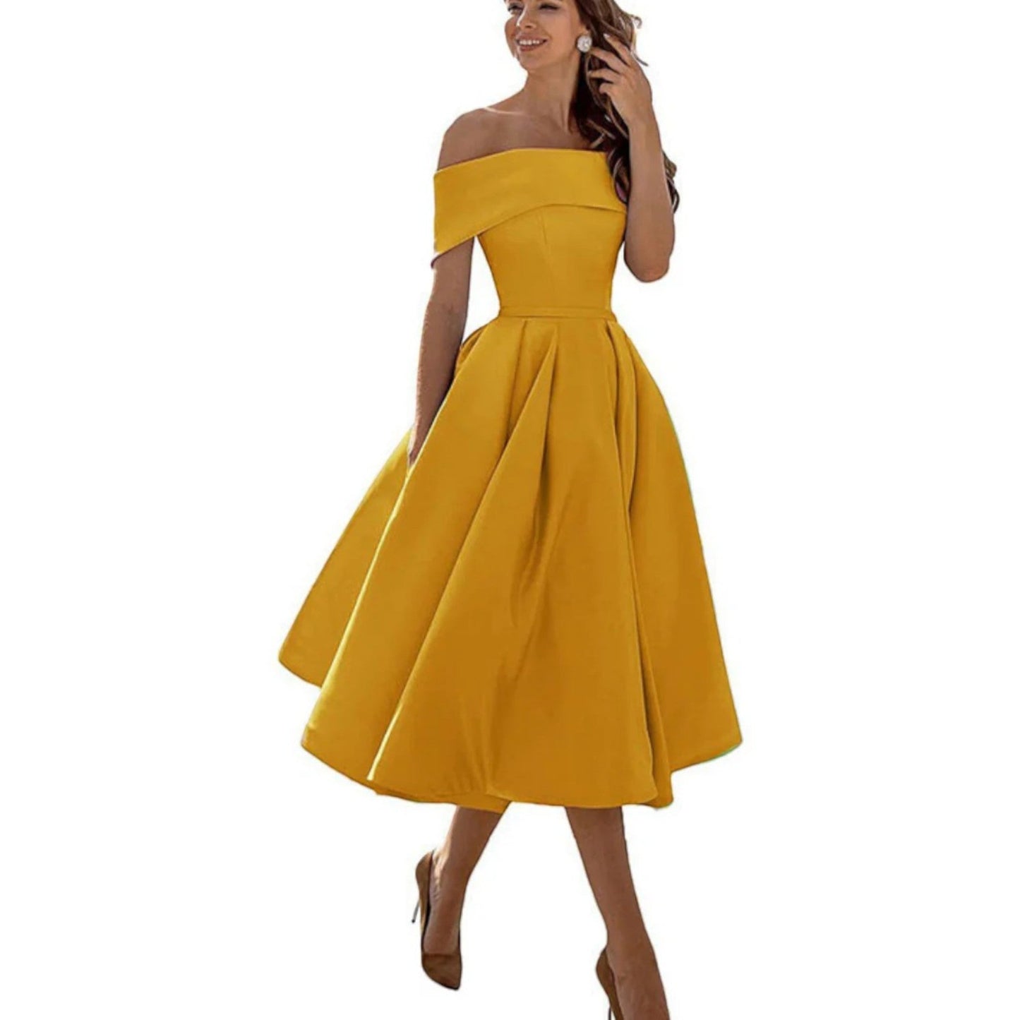 Dorthe | Dame cocktail midikjole med off shoulder og taljeret