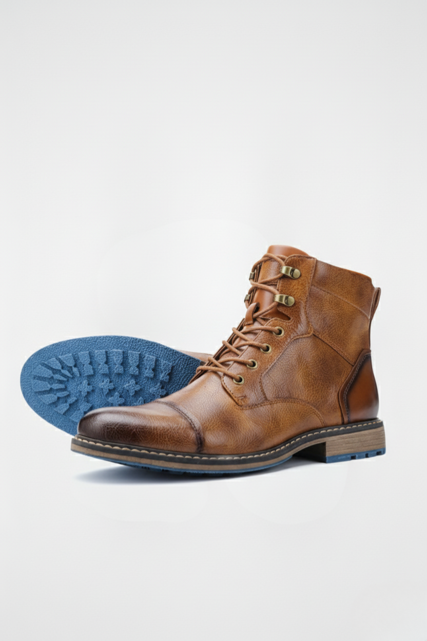 Læderankelstøvler med snørebånd og lynlås i siden | Dalton – Brun