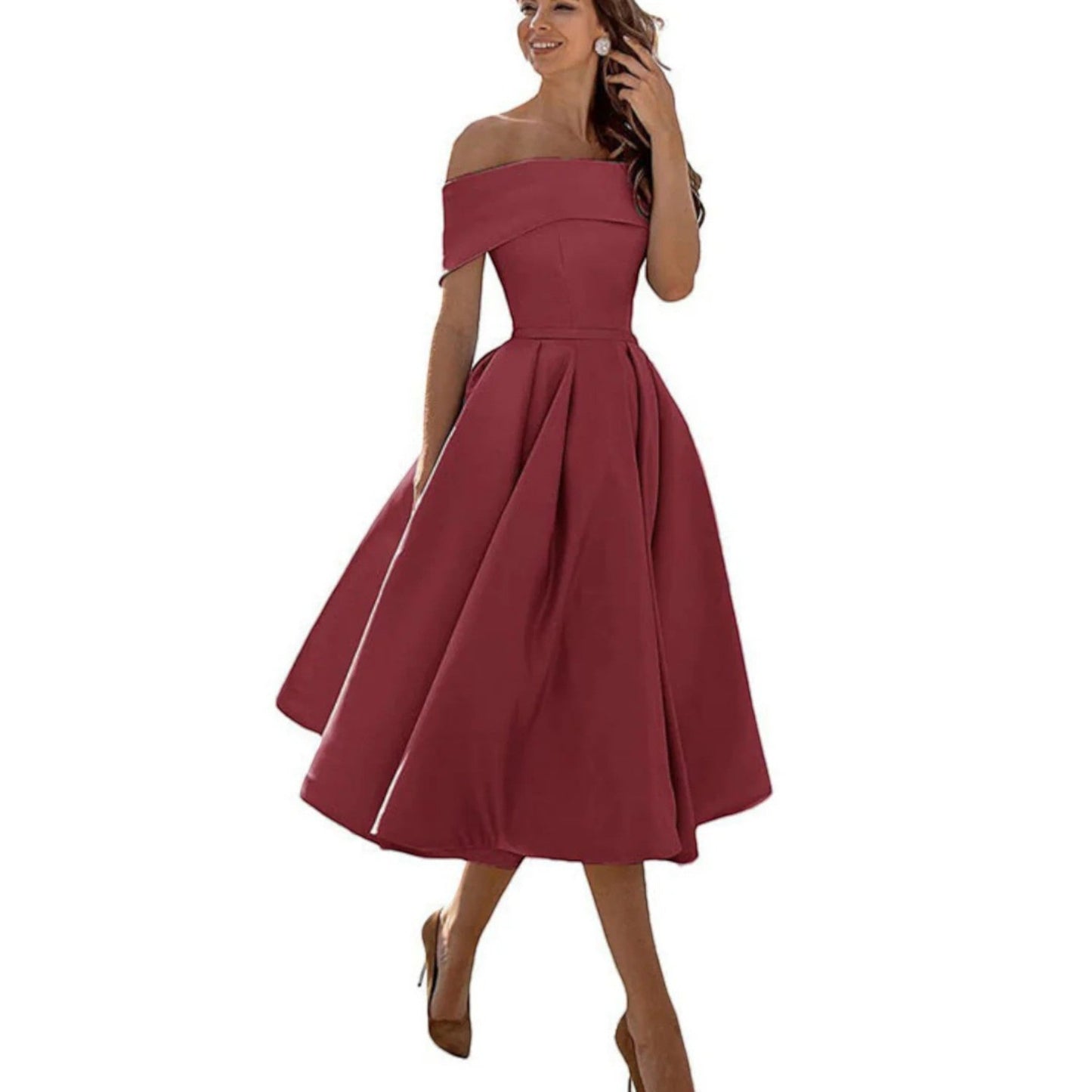 Dorthe | Dame cocktail midikjole med off shoulder og taljeret