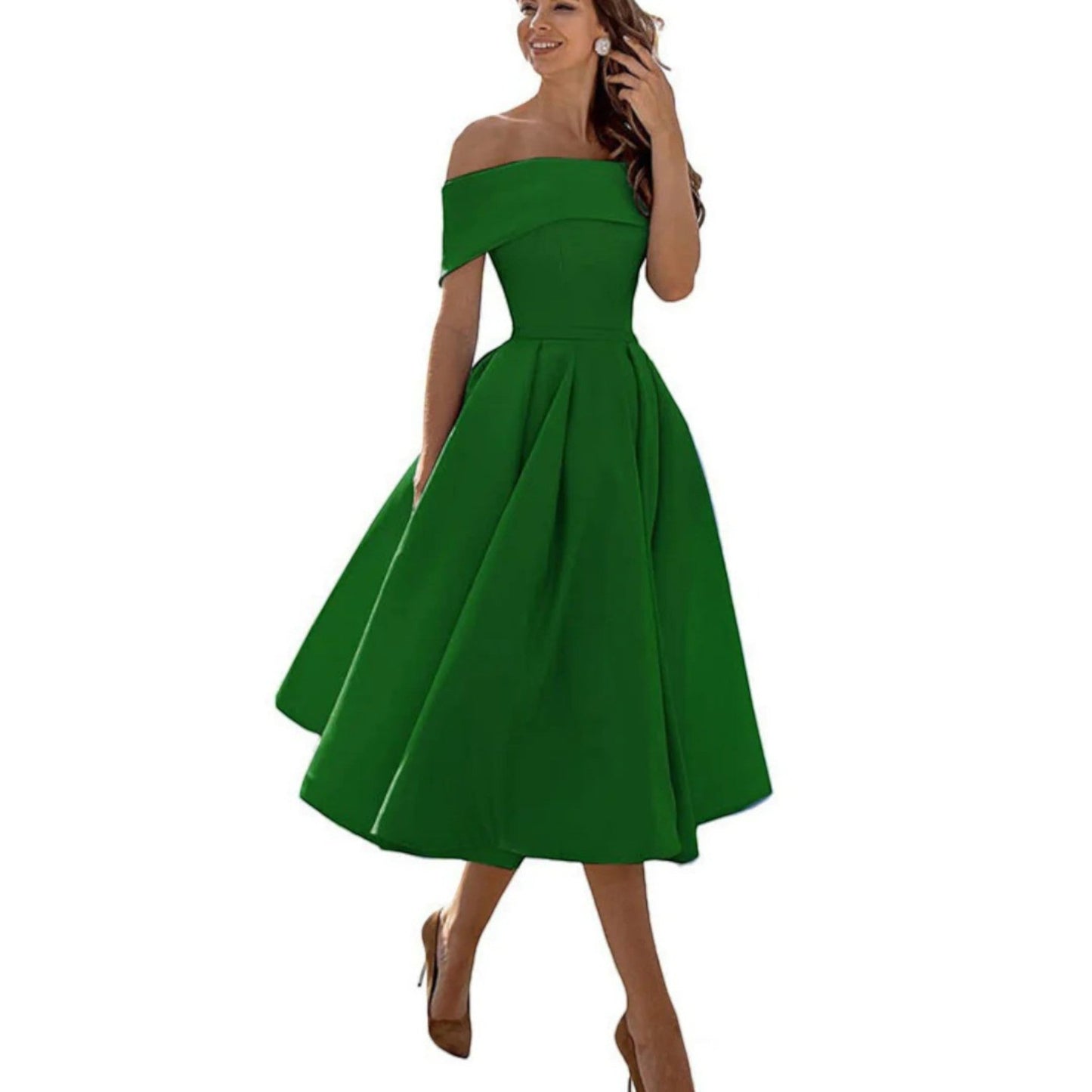 Dorthe | Dame cocktail midikjole med off shoulder og taljeret