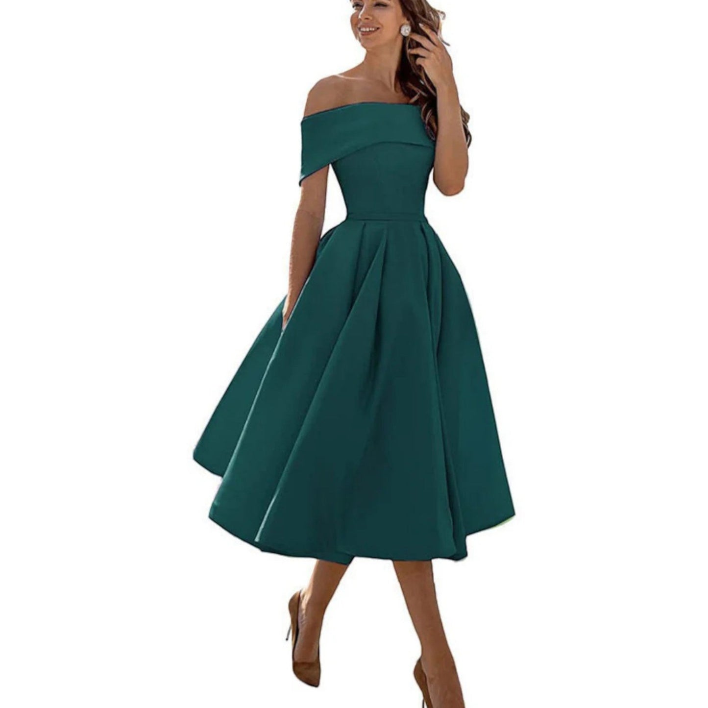 Dorthe | Dame cocktail midikjole med off shoulder og taljeret