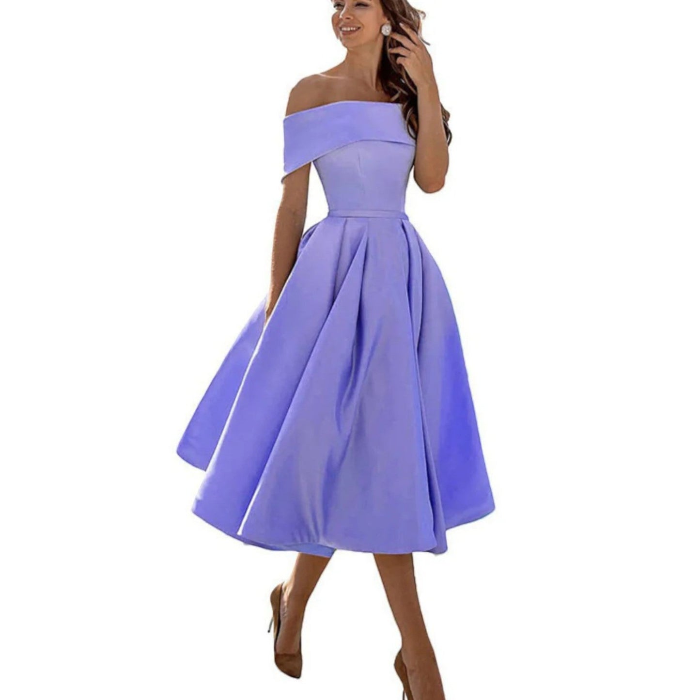 Dorthe | Dame cocktail midikjole med off shoulder og taljeret
