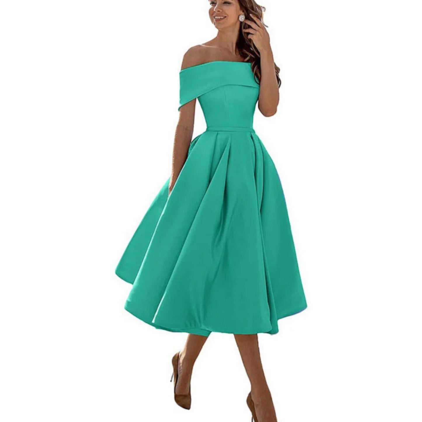 Dorthe | Dame cocktail midikjole med off shoulder og taljeret