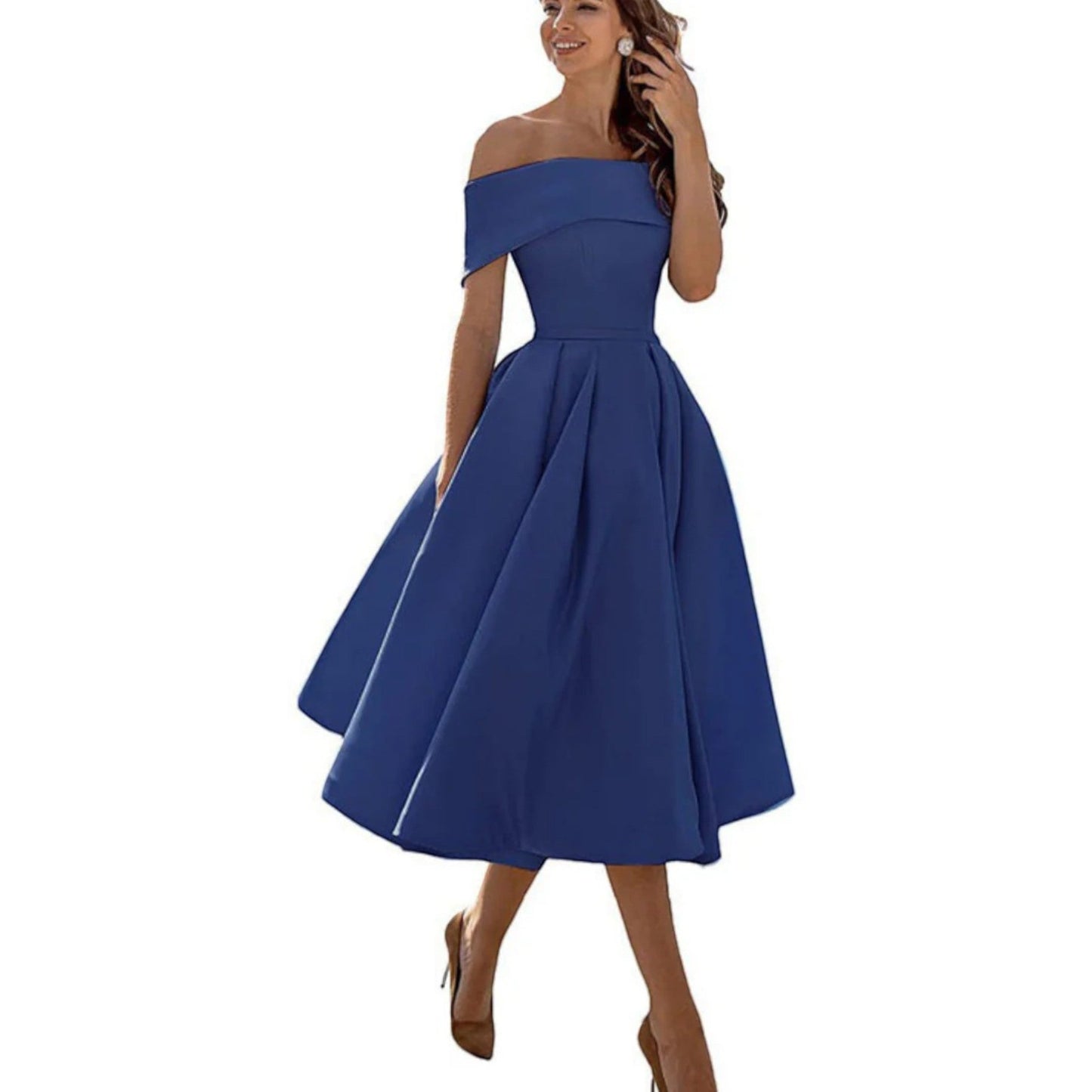 Dorthe | Dame cocktail midikjole med off shoulder og taljeret
