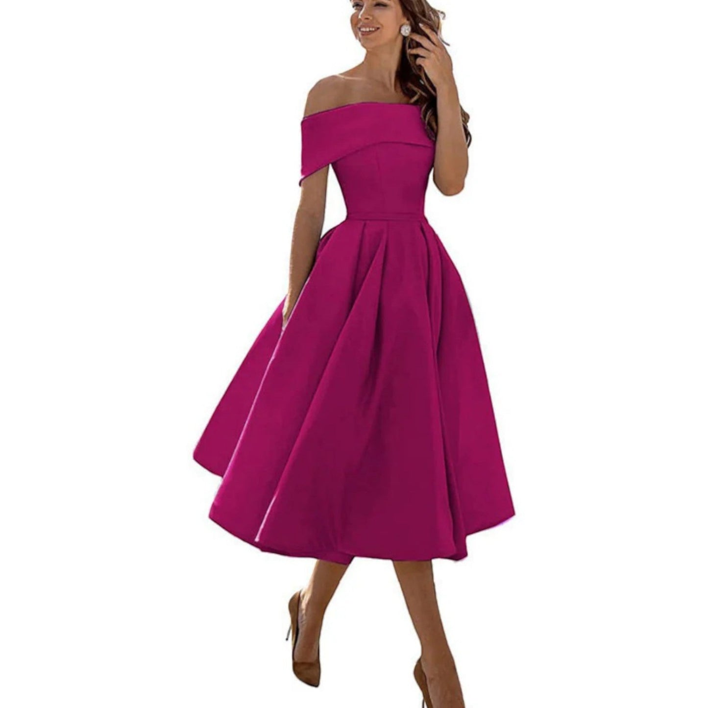 Dorthe | Dame cocktail midikjole med off shoulder og taljeret