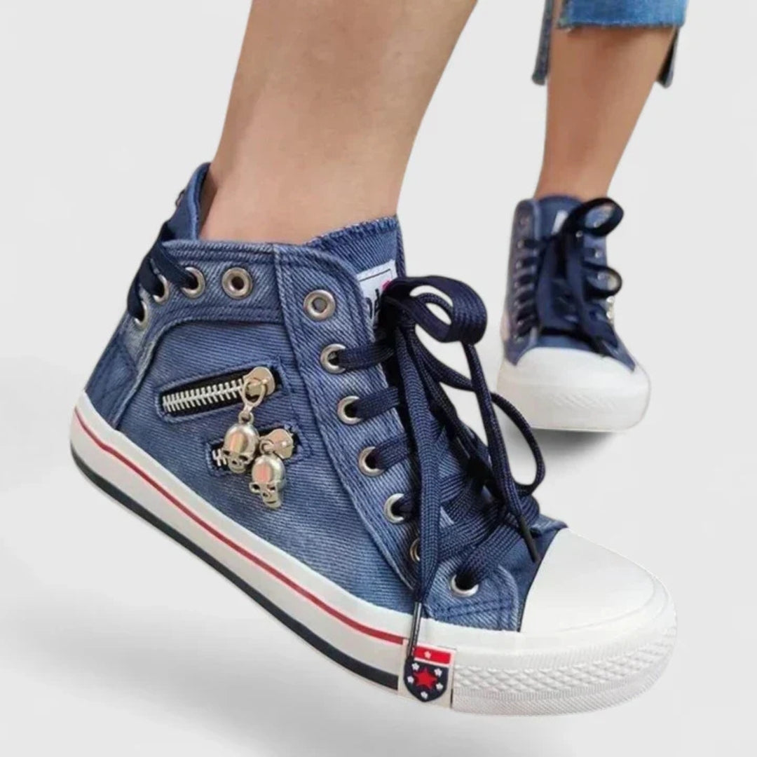 Rikke | Dame høje sneakers med denim og lynlås