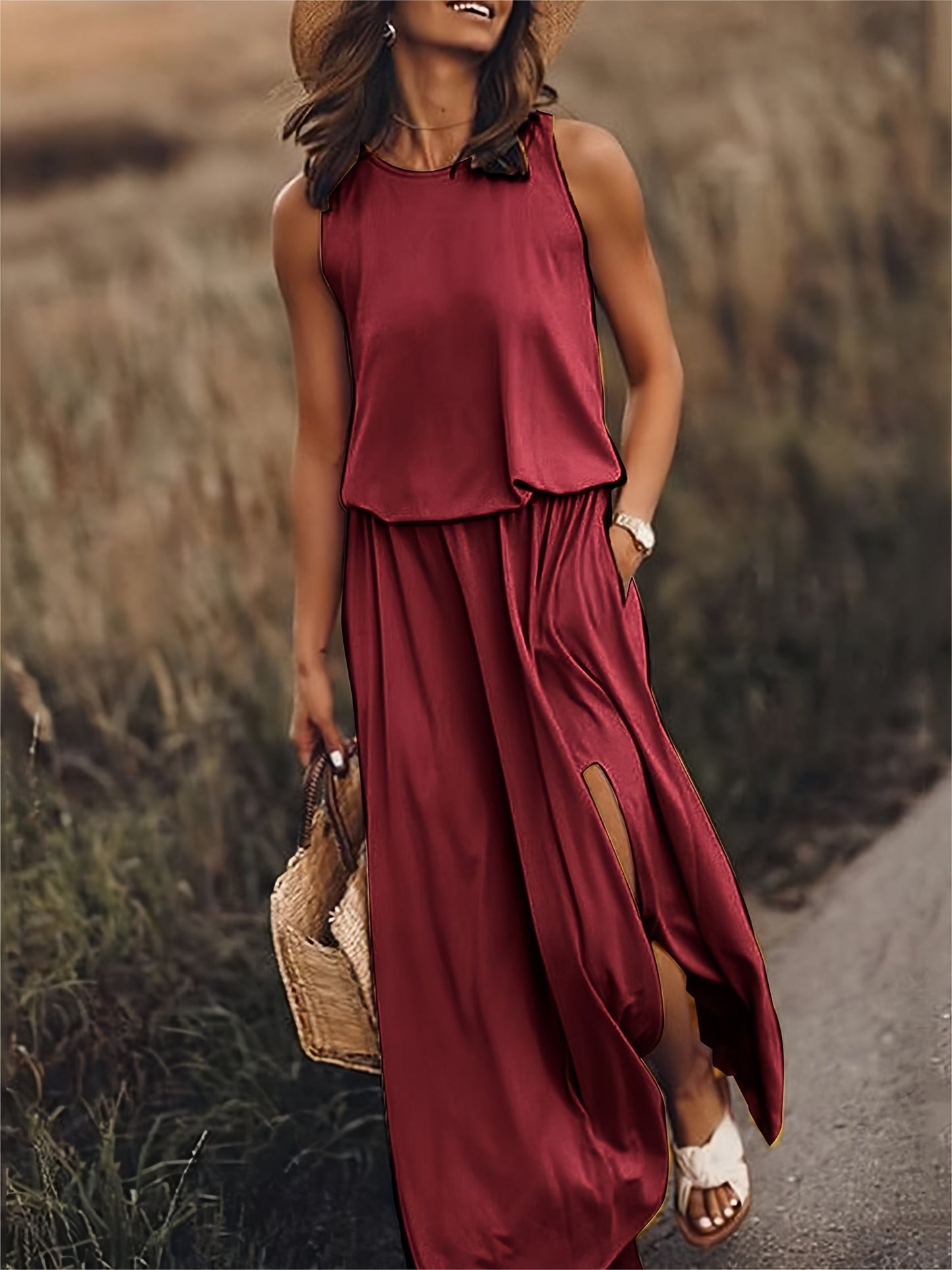 Melina | Dame boho maxikjole uden ærmer med sideslids