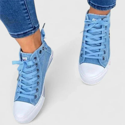 Rikke | Dame høje sneakers med denim og lynlås