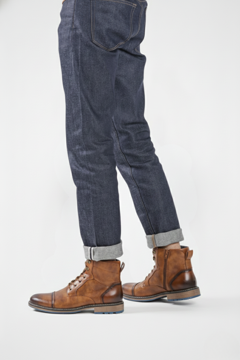 Læderankelstøvler med snørebånd og lynlås i siden | Dalton – Brun