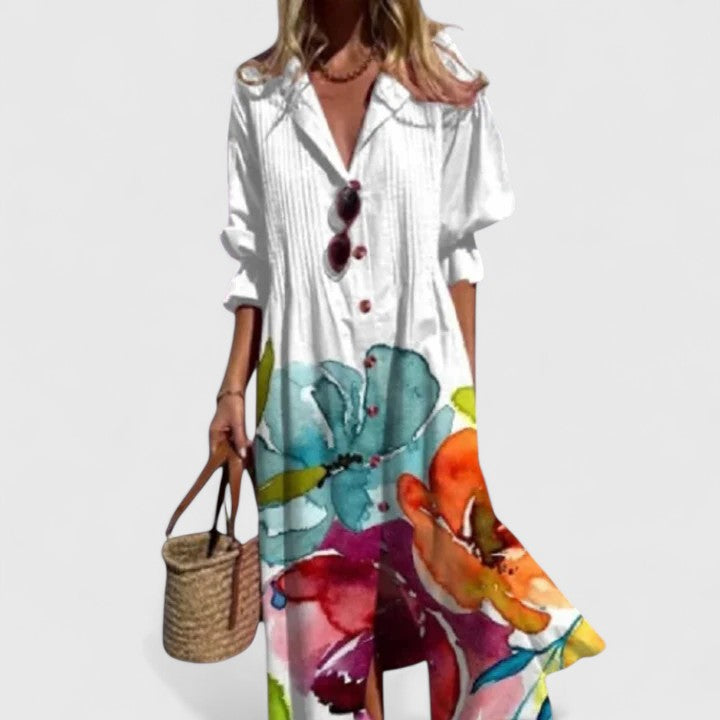 Filippa | Dame midikjole med blomsterprint og knaplukning