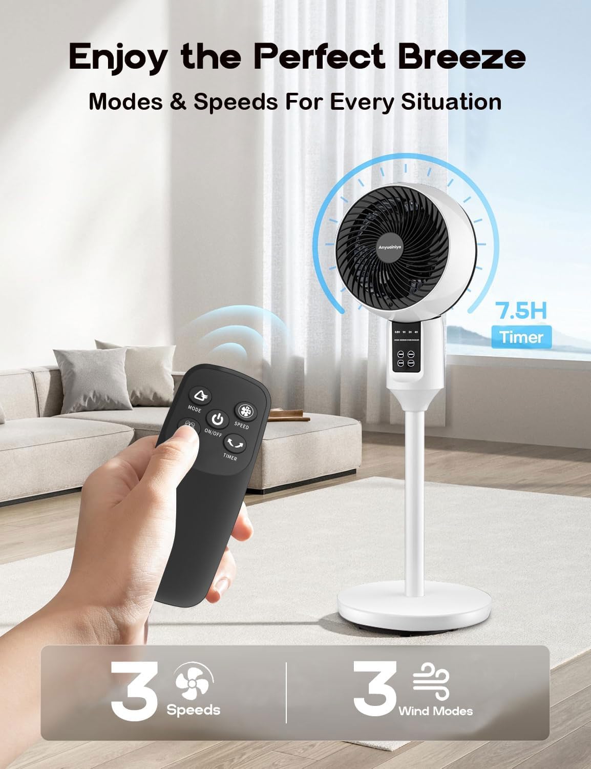 Solis | Verstellbarer Säulenventilator mit Fernbedienung und Schwenkfunktion