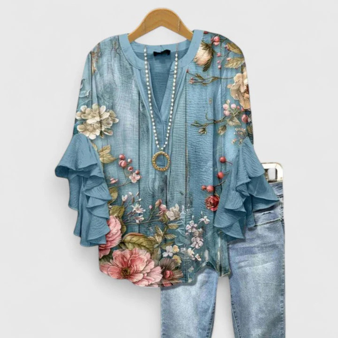 Selma | Dame top med blomsterprint og flæseærmer