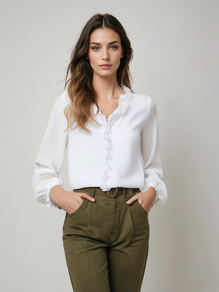 Agnes | Dame elegant bluse med flæser og lange ærmer samt pasform