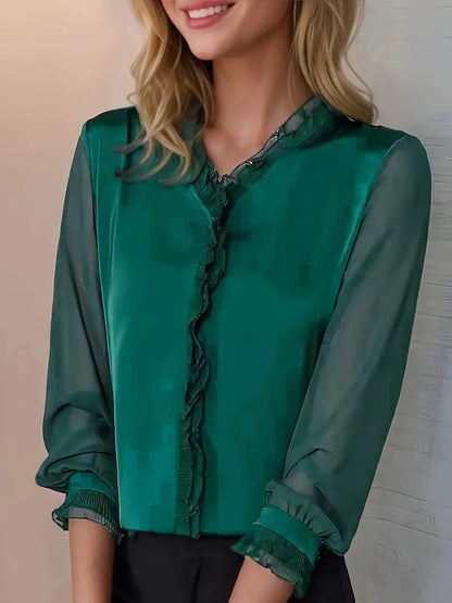 Agnes | Dame elegant bluse med flæser og lange ærmer samt pasform
