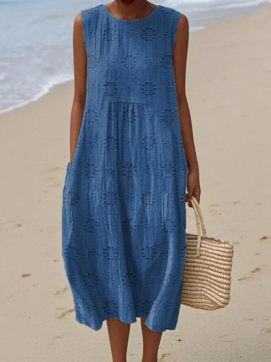 Ronja | Dame løs midikjole uden ærmer med mønsterprint