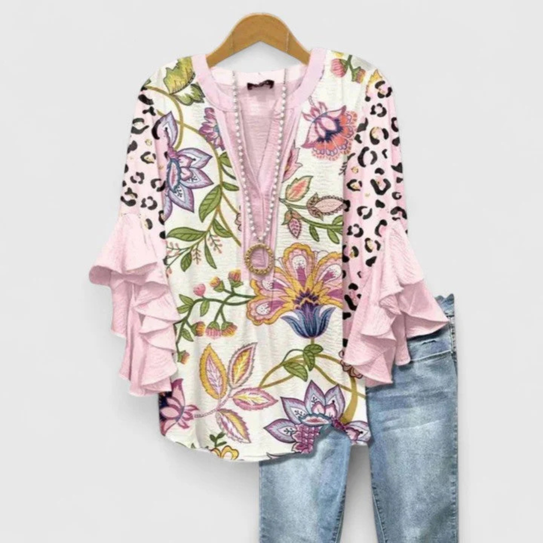 Selma | Dame top med blomsterprint og flæseærmer