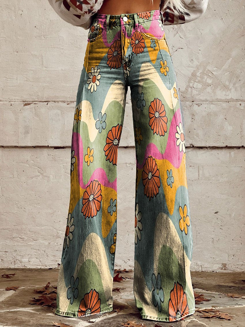 Helle | Jeans med blomster print og wide leg pasform samt høj talje