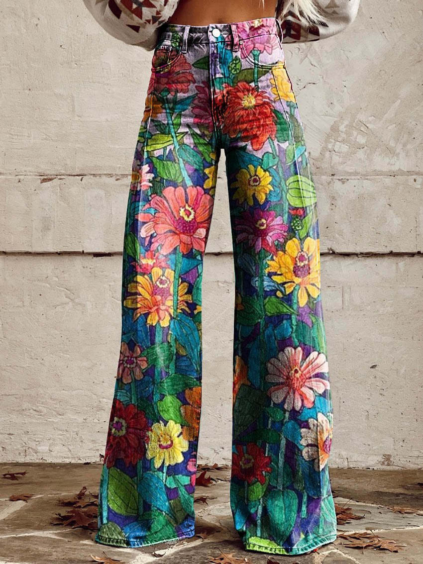 Helle | Jeans med blomster print og wide leg pasform samt høj talje