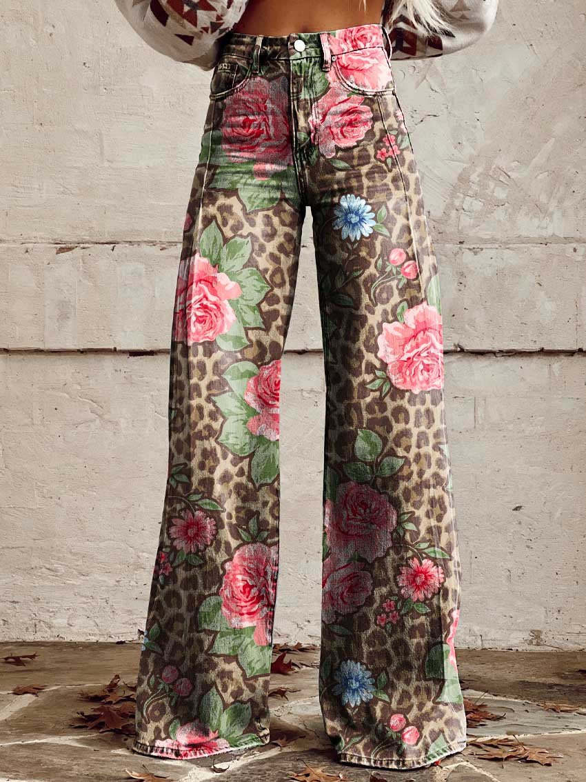 Helle | Jeans med blomster print og wide leg pasform samt høj talje