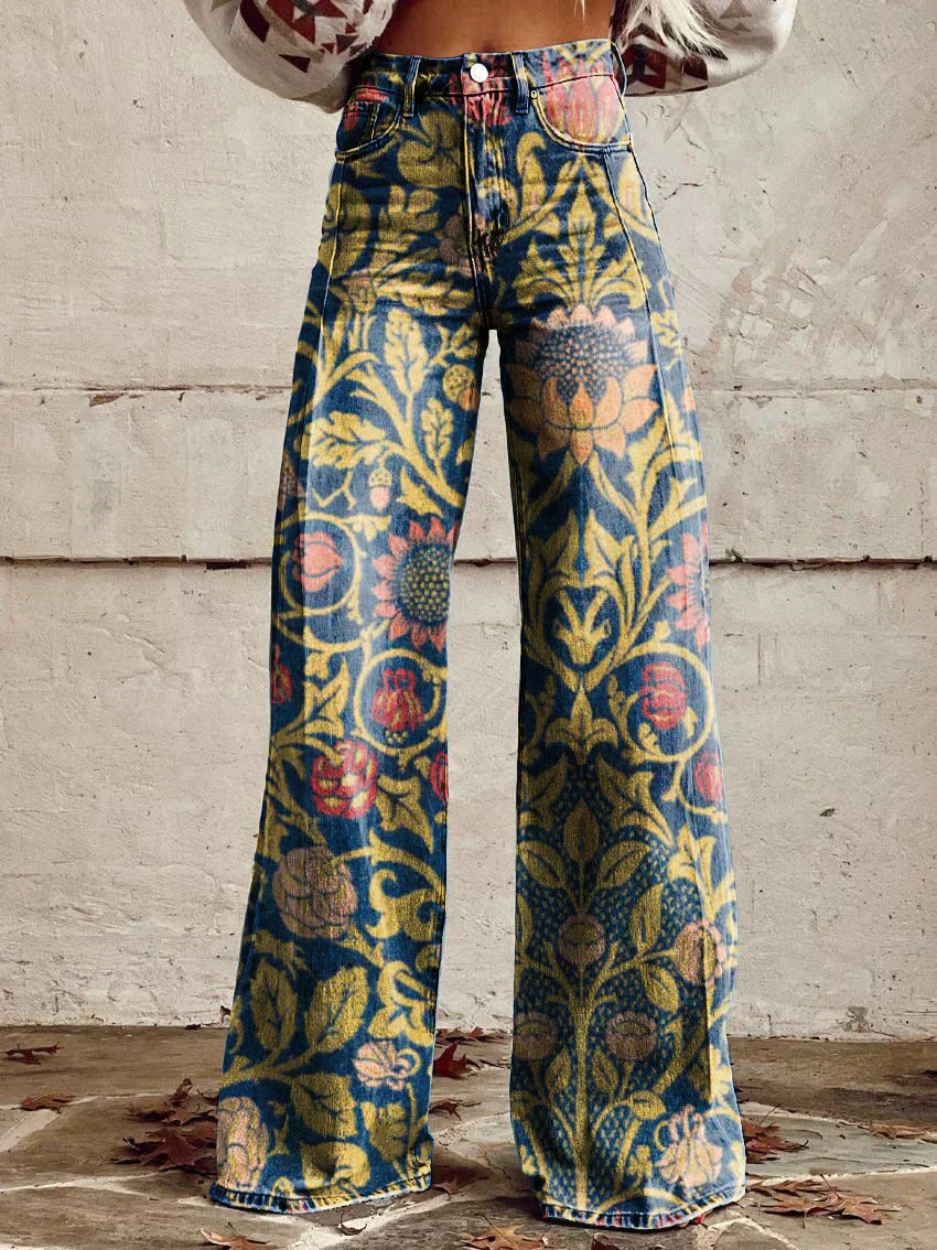 Helle | Jeans med blomster print og wide leg pasform samt høj talje