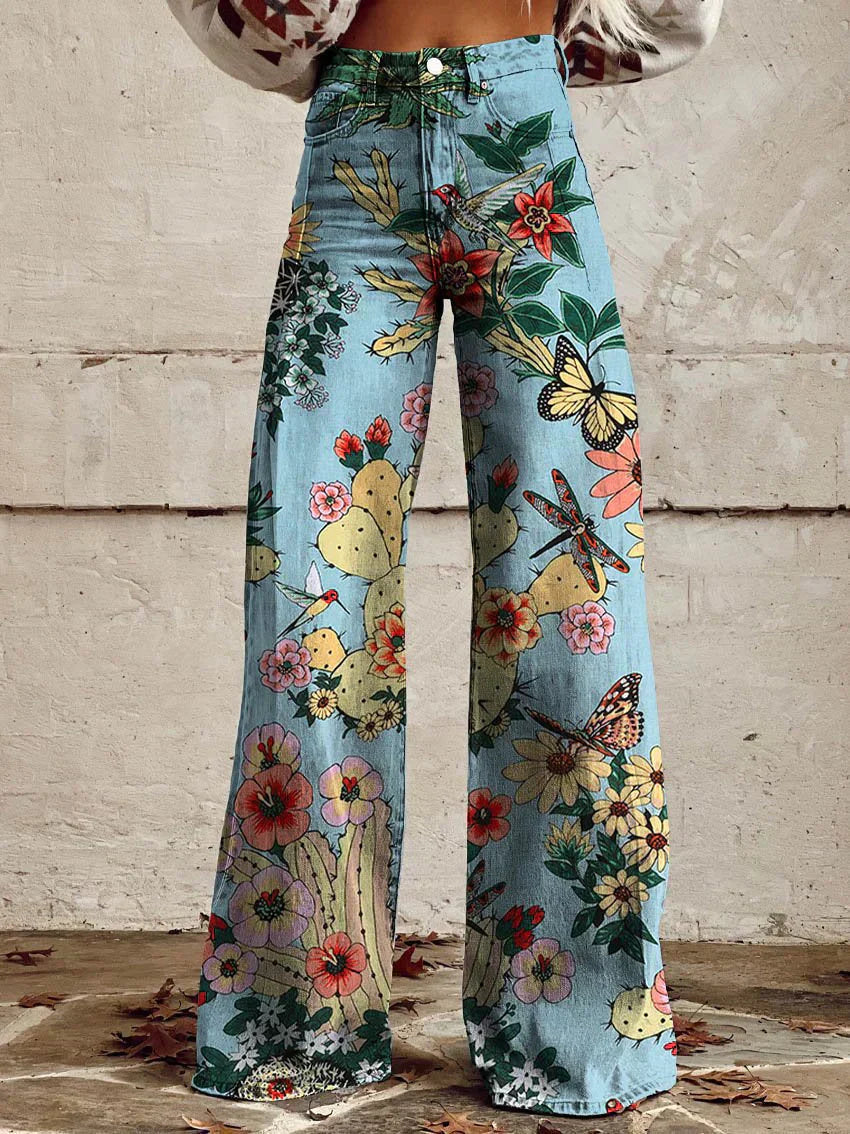 Helle | Jeans med blomster print og wide leg pasform samt høj talje