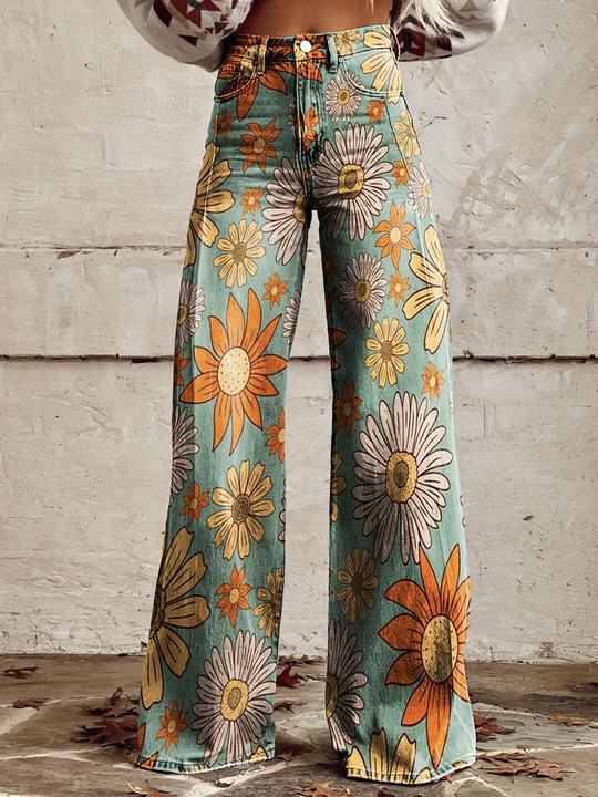 Helle | Jeans med blomster print og wide leg pasform samt høj talje