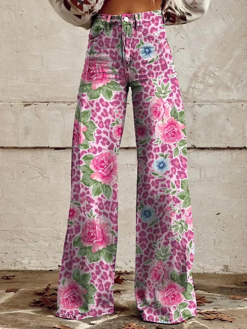 Helle | Jeans med blomster print og wide leg pasform samt høj talje