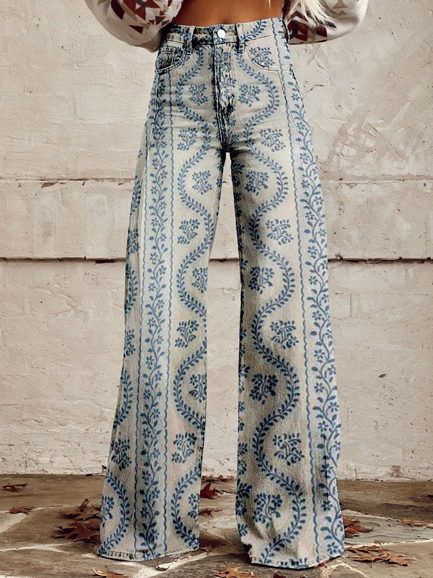 Helle | Jeans med blomster print og wide leg pasform samt høj talje