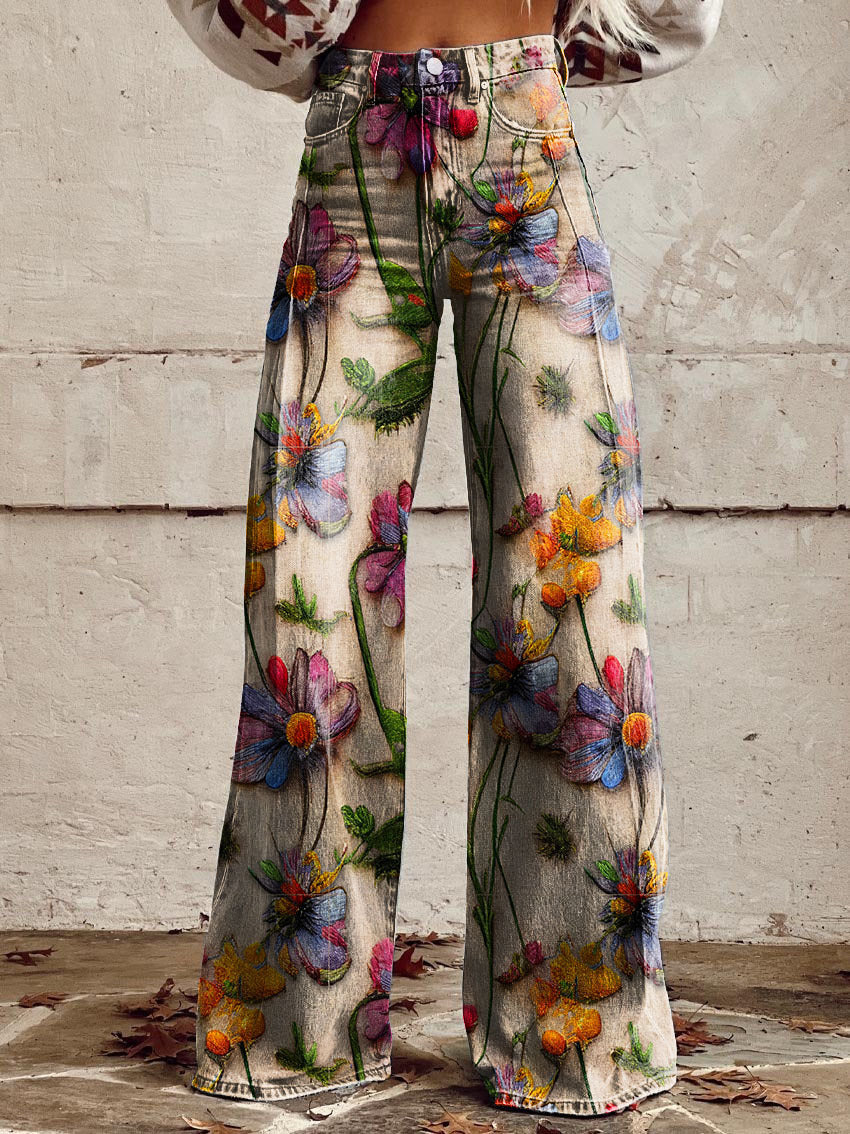 Helle | Jeans med blomster print og wide leg pasform samt høj talje