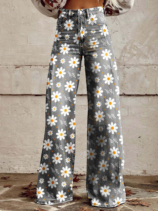 Helle | Jeans med blomster print og wide leg pasform samt høj talje