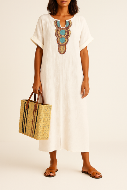 Helja | Boheme midikjole til kvinder med dekorativ overdel og løs pasform