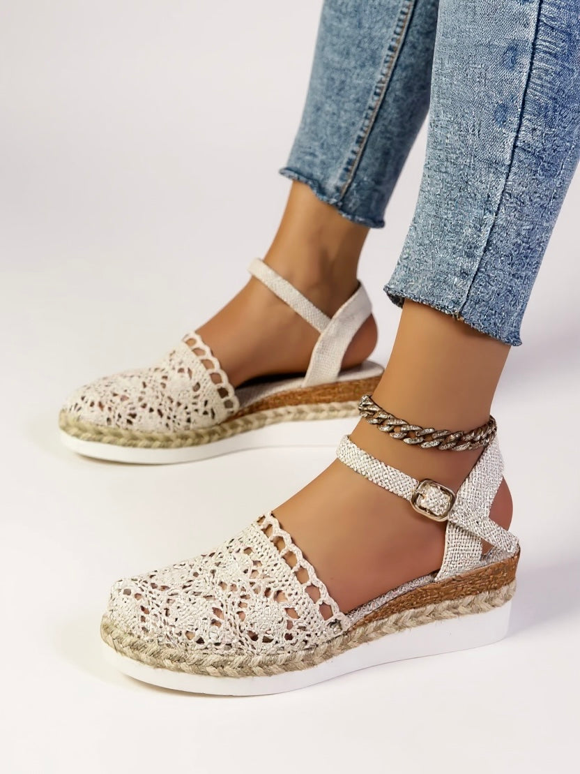 Kirsten | Dame boho espadriller med kilehæl og ankelrem