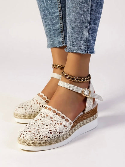 Kirsten | Dame boho espadriller med kilehæl og ankelrem