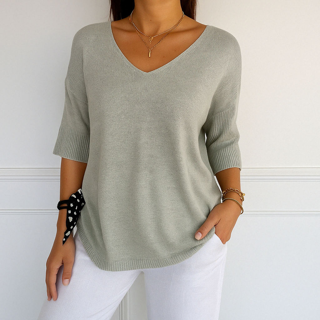 Asta | Dame sweater med V-hals og korte ærmer samt løs pasform