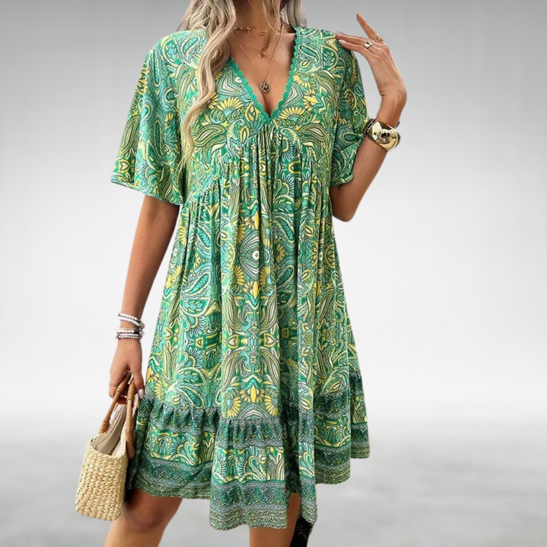 Karoline | Dame boho minikjole med print og V udskæring
