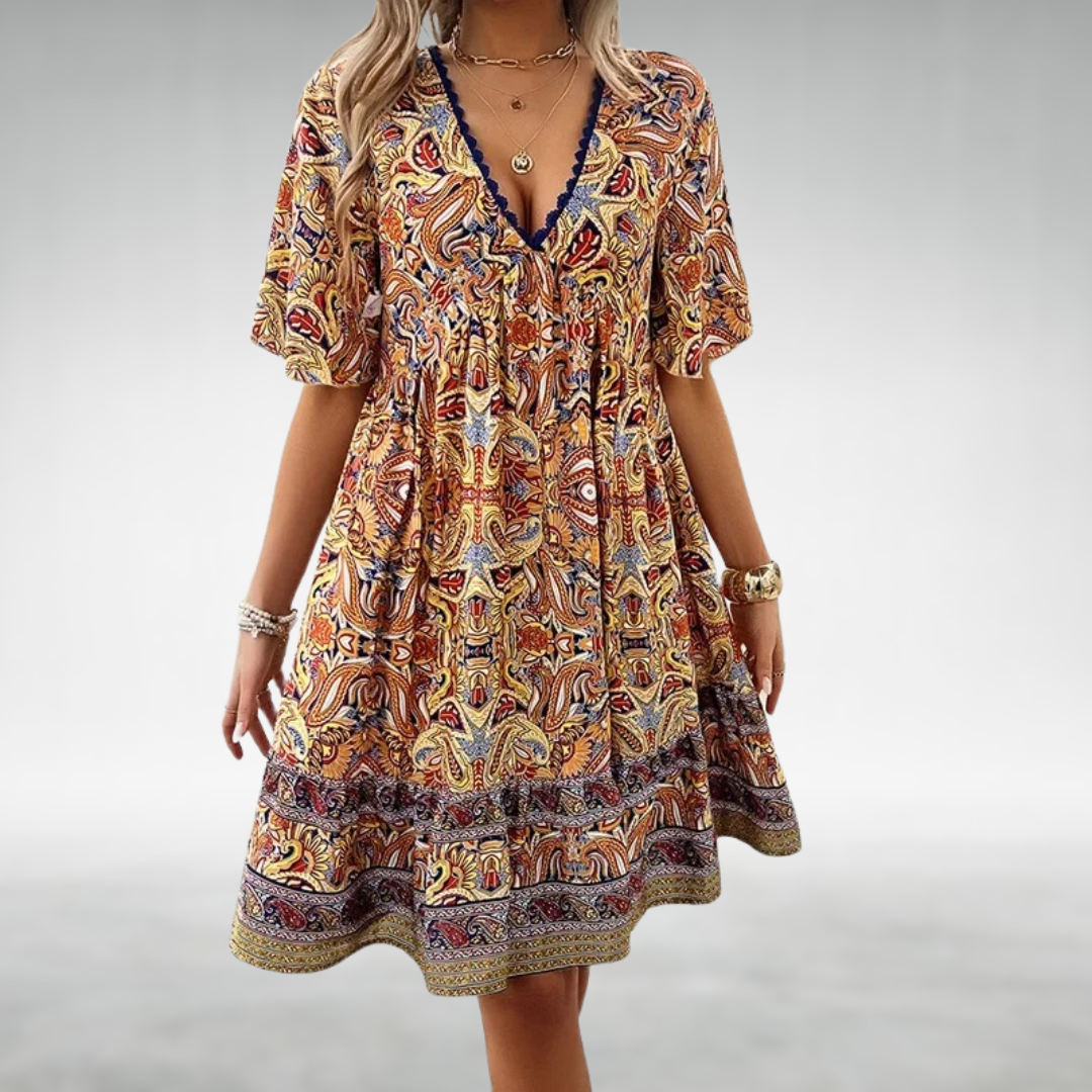 Karoline | Dame boho minikjole med print og V udskæring