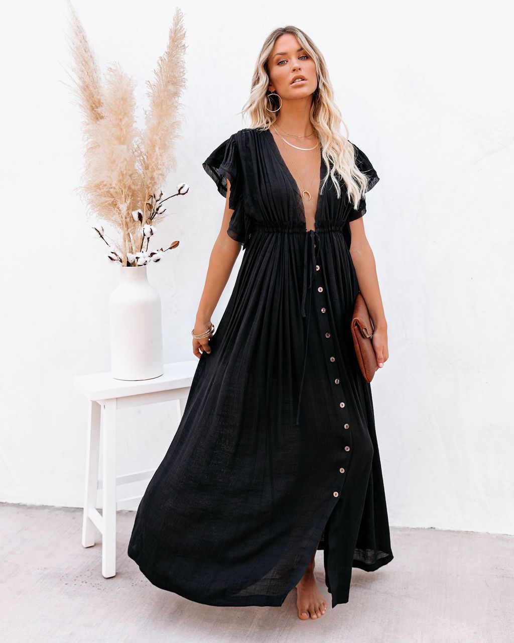 Kirstine | Dame boho maxikjole med knapper foran og flydende fald
