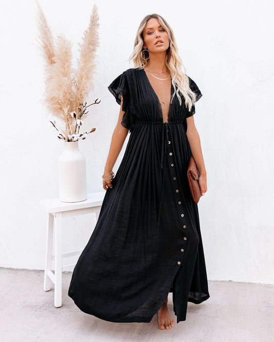 Kirstine | Dame boho maxikjole med knapper foran og flydende fald