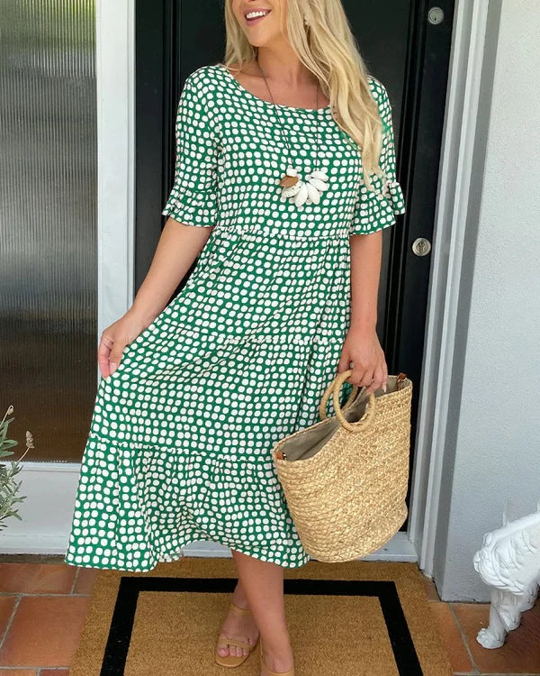 Anna | Dame sommer midikjole med print og lagdelt design